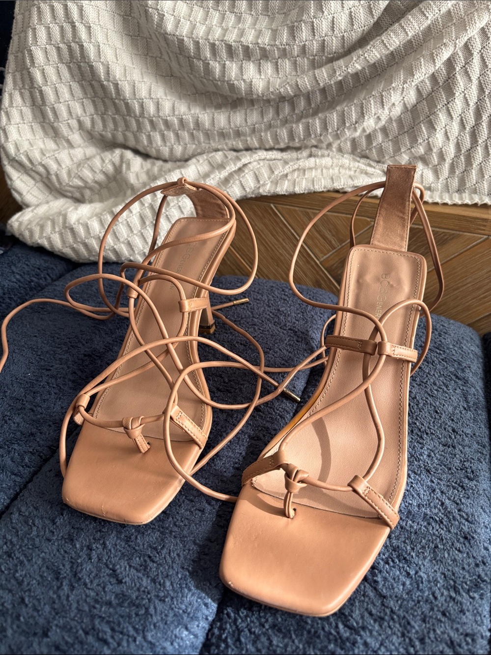 BCBGeneration Nude Lace-Up Square-Toe Leather Heels